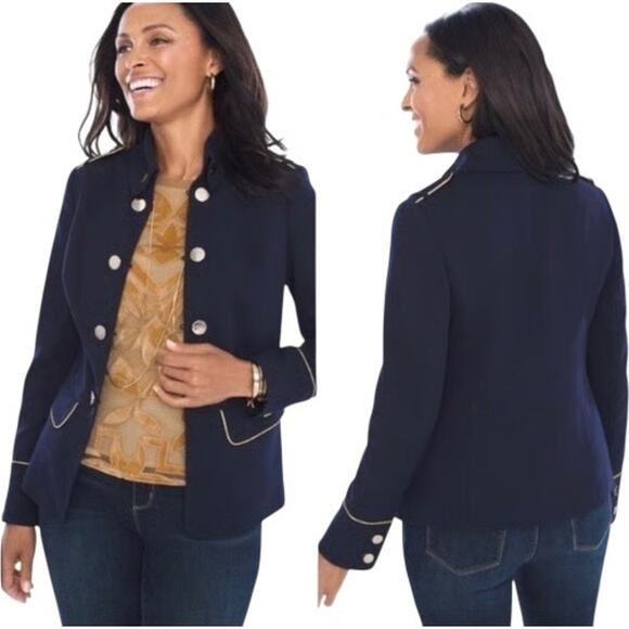 Chico’s Navy Blue Military Jacket Women’s 4/XXL Gold Button Trim Flap Pockets - Picture 2 of 10
